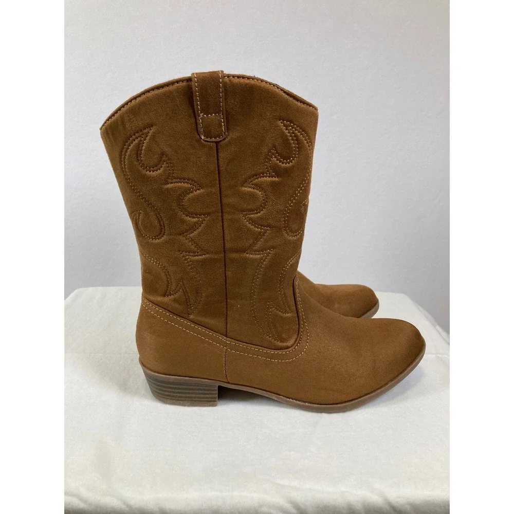 Sonoma‎ Parker Western Cowboy Boots Girls Size 6 Cognac Brown Faux Suede Zip